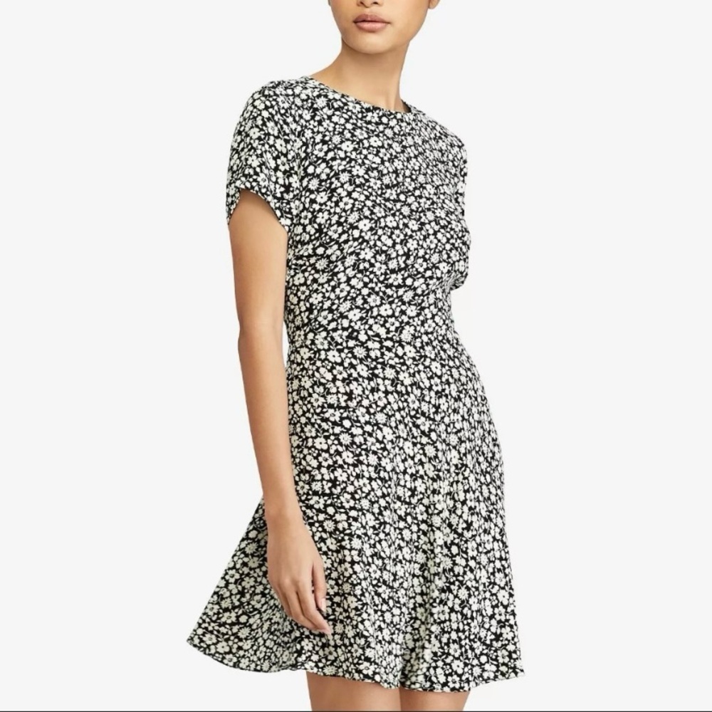 Polo Ralph Lauren Floral Print A-Line Flutter Sleeve  Dress Black/Cream Size 12